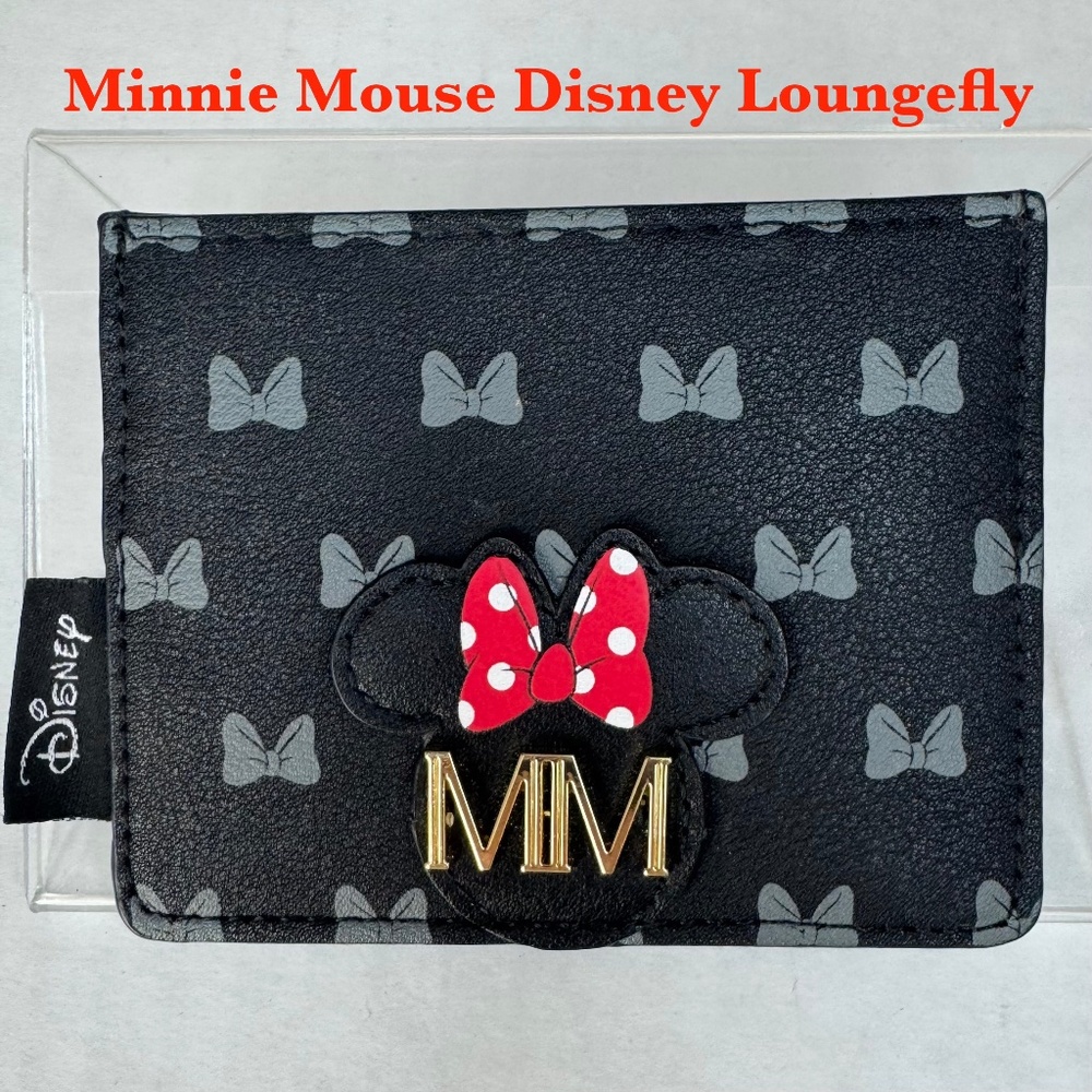 Minnie Mouse Loungefly Disney Black Cardholder Red Bow-MM initials in Gold Tone